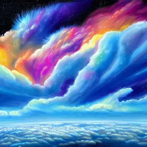 Image similar to A detailed and realistic painting of a huge colourful cloud in space, with lots of other clouds around, with incredibly huge lightning with 8k resolution, in the artistic style of fantasy art