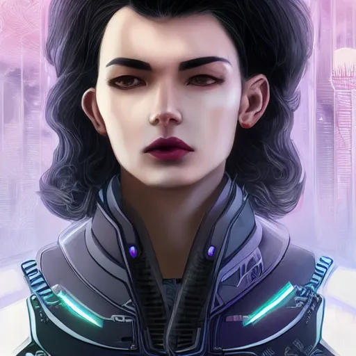 Prompt: portrait of a beautiful dark - haired androgynous cyberpunk space ranger, soft lightning, high detailed, intricate, elegant, smooth, sharp focus, artstation, art by lane brown and sora kim,