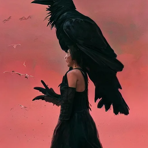 Image similar to morning, a woman in a black dress with a raven head. sun, cinematic, clouds, vogue cover style, contracting colors mood, realistic painting, intricate oil painting, high detail, figurative art, multiple exposure, poster art, 3 d, by simon bisley, ismail inceoglu, wadim kashin, filip hodas.