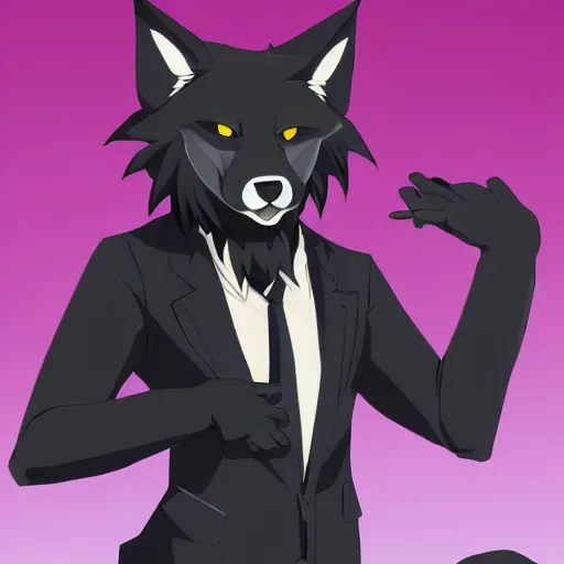 Image similar to key anime visual professional art of a close shot of an anthropomorphic black male wolf anthro furry fursona, wearing a business suit, handsome male eyes, anime office background, official anime still