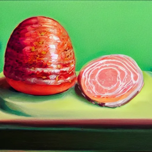 Image similar to a still life portrait of green eggs and ham, oil on canvas, highly detailed