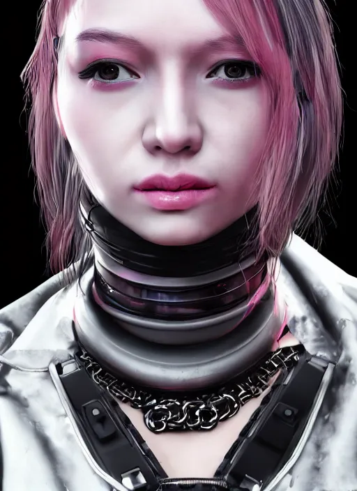 Image similar to detailed realistic female character cyberpunk wearing thick technological collar around neck, realistic, art, beautiful, 4K, collar, choker, collar around neck, punk, artstation, detailed, female, woman, choker, cyberpunk, neon, punk, collar, choker, collar around neck, thick collar, tight around neck, punk,