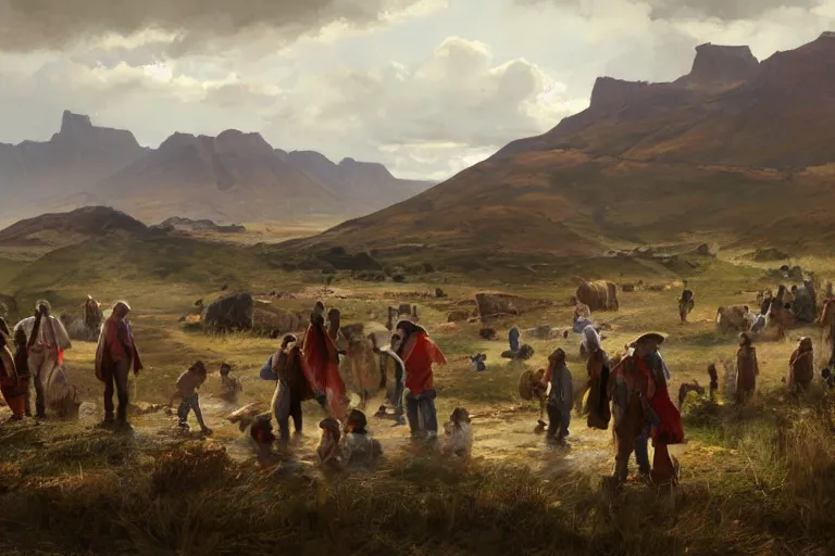 Prompt: a painting of south african immigrants in a rural patagonian village on the coast. comodoro rivadavia, rural and rocky. by greg rutkowski, trending on artstation