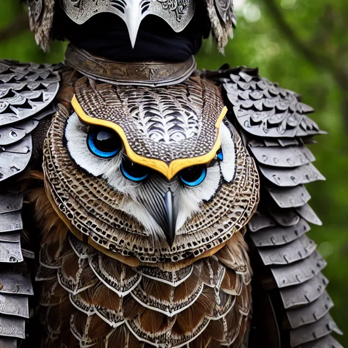 Image similar to photograph of a warrior with meal ornate owl armour. Extremely detailed. 8k