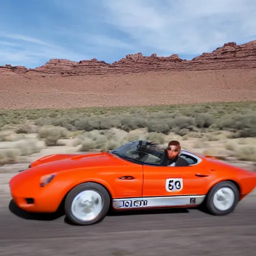 Image similar to a sports car driving fast on Route 66,