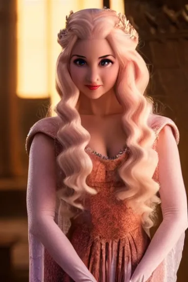 Image similar to very very intricate photorealistic photo of a realistic human version of princess peach in an episode of game of thrones, photo is in focus with detailed atmospheric lighting, award - winning details