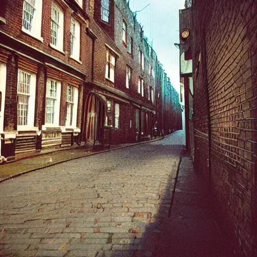 Image similar to “35mm film photography of Victorian London, cinestill 800t, grain”