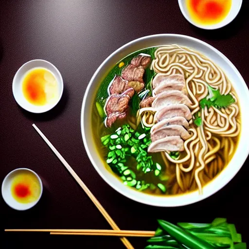 Image similar to flatlay realistic photo of delicious pho, ramen, aesthetic table cloth, highly detailed, global illumination, masterpiece, 8 k hd, award winning, artstation,