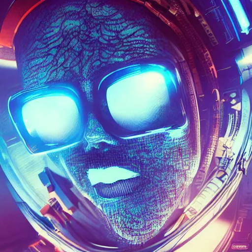 Image similar to portrait of an astronaut. full body portrait, intricate abstract. cyberpunk, intricate artwork. neon eyes, by Tooth Wu, wlop, beeple. octane render, trending on artstation, greg rutkowski very coherent symmetrical artwork. cinematic, hyper realism, high detail, octane render, 8k, minimalistic, hyperrealistic surrealism, award winning masterpiece with incredible details, a surreal vaporwave liminal space, highly detailed, trending on ArtStation