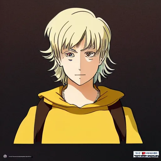 Prompt: blonde boy with yellow eyes wearing a brown cape in the style of studio ghibli, artgerm