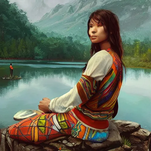 Image similar to Fusion of human and bird, wearing Inka clothes, sitting at a pond, mountainous area, trees in the background, oil painting, by Fernanda Suarez and Greg Rutkowski