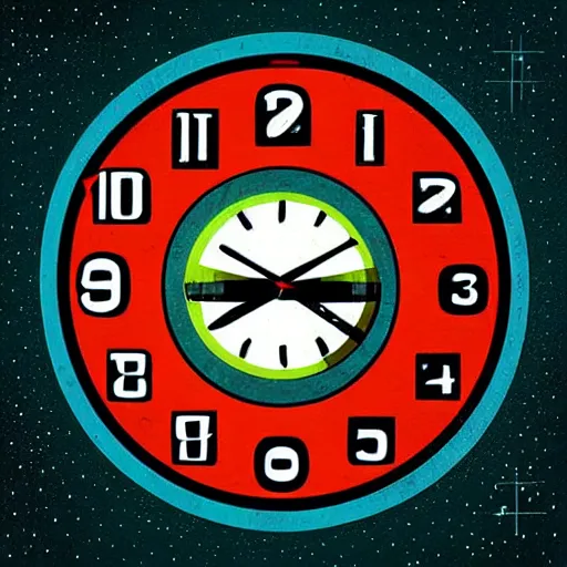 Prompt: centred clock arrow colourful scifi illustration art by tim doyle