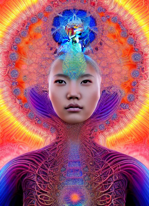 Prompt: ridiculously beautiful young asian woman tripping, layers of coral and light fractals radiating behind with sacred geometry, cosmic, natural, awakening, symmetrical, in the style of ernst haeckel and alex grey, effervescent, warm, photo realistic, epic and cinematic