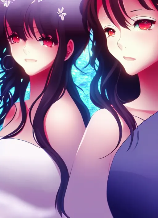 Prompt: two beautiful mothers out on a humid summer day, gorgeous faces, thick lines, cinematic lighting, detailed anime art