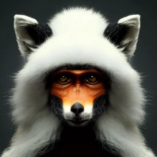 Prompt: fox as a monkey, fluffy white - fur, black - ears, stunning green - eyes, extremely long white - tail with black - tip, award winning creature portrait photography, extremely detailed, artstation, 8 k, sensual lighting, incredible art, wlop, artgerm