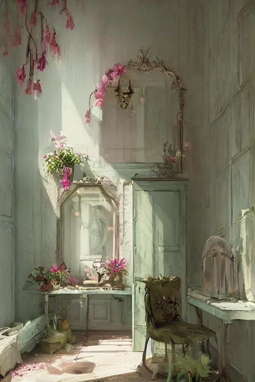 Image similar to beautiful digital matte painting of a whimsical botanical shabby chic dressing room by greg rutkowski and edward hopper, vivid artstation, behance hd