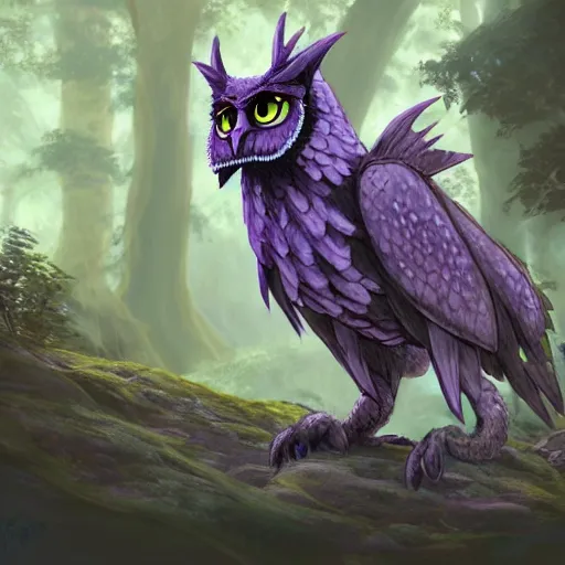 Image similar to concept art painting of an anthropomorphic purple gray dragon owl creature, in the deep forest, realistic, detailed, cel shaded, in the style of makoto shinkai and greg rutkowski and james gurney