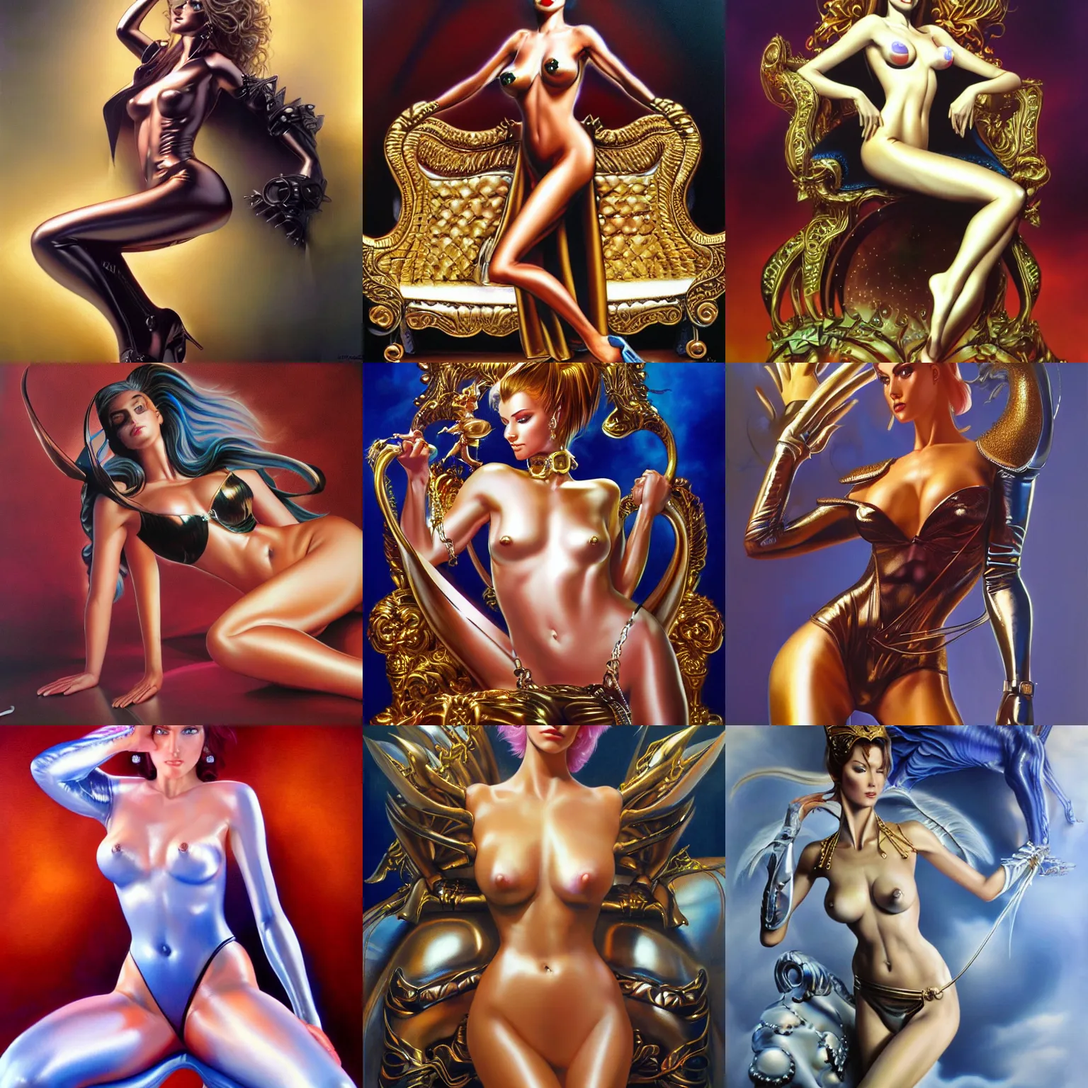 Image similar to an airbrush painting of a nice looking girl with beautiful forms, wearing shiny leather, lying a throne in a fantasy land, by hajime sorayama and boris vallejo, trending on artstation, 4K