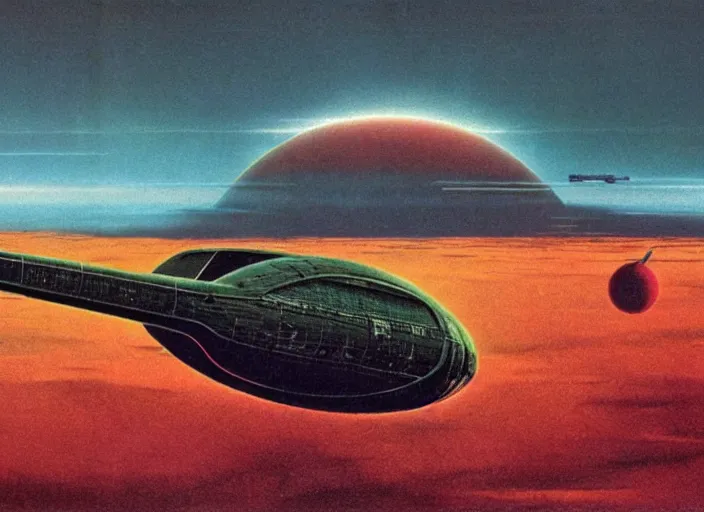 Image similar to a huge vividly - coloured spacecraft in an empty landscape by dean ellis, peter elson, david a hardy, john harris, angus mckie, bruce pennington, 1 9 8 0 s retro sci - fi art