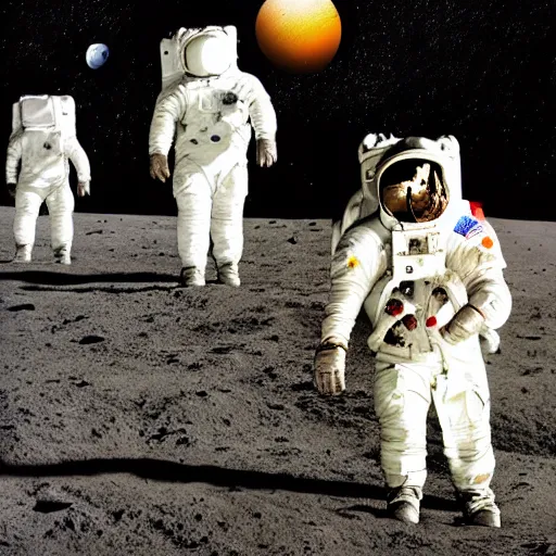 Image similar to astronauts walking on the moon with earth on the background, painting style of samdoesarts