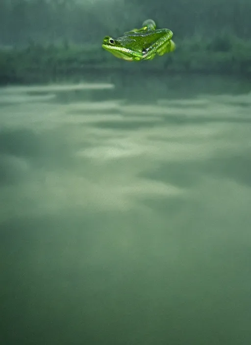 Image similar to semi translucent smiling frog amphibian hovering over misty lake in Jesus Christ pose, cinematic shot by Andrei Tarkovsky, paranormal, spiritual, mystical