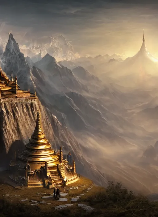 Image similar to hooded figure in lord of the rings scenery cosmic landscape, looking out at a huge tibetan temple on a mountain, god's rays, highly detailed, vivid color, cinematic lighting, perfect composition, 8 k, gustave dore, derek zabrocki, greg rutkowski, belsinski, octane render