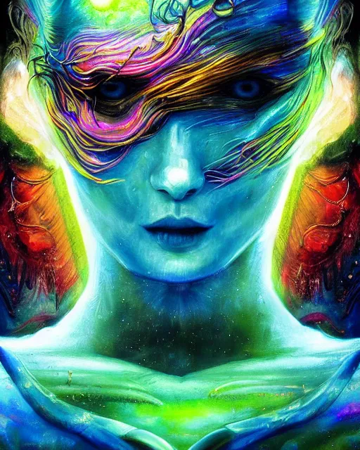 Image similar to blue and green rainbow fire, by antonio j. manzanedo, alex grey, android jones, wayne barlowe, philippe druillet, raymond swanland, cyril rolando, josephine wall, harumi hironaka, cronenburg, trending on artstation