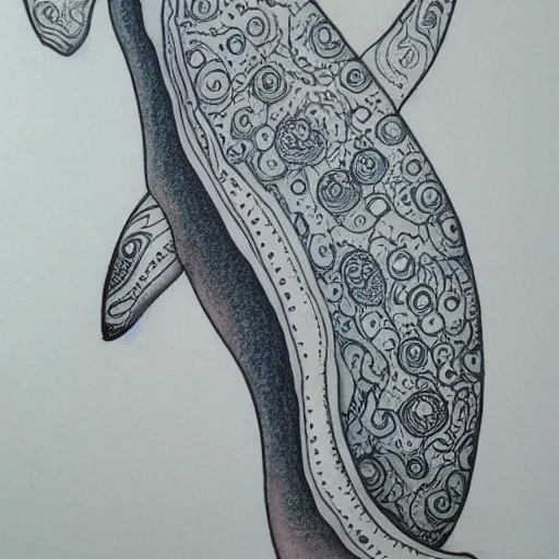 Image similar to white cachalot spermwhale, awardwinning elegant modern tattoo design, peyote colored sketch, white background