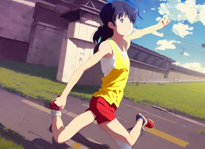 Image similar to portrait of high school runner girl, sunny sky background stadium landscape illustration concept art anime key visual trending pixiv fanbox by wlop and greg rutkowski and makoto shinkai and studio ghibli and kyoto animation symmetry red sports clothing marathon yellow running shoes number tag