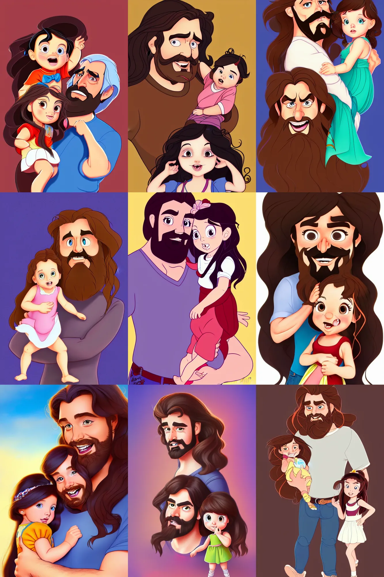 Image similar to a long - haired bearded father and his cartoonish brunette child toddler girl full color digital illustration in the style of don bluth, artgerm, artstation trending, 4 k