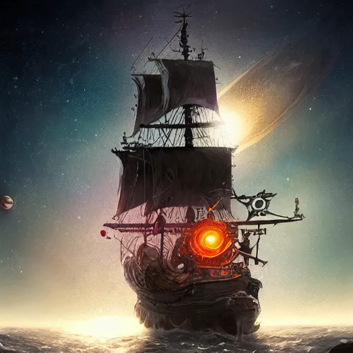 Image similar to pirate ship sailing through space with distant planets visible in the background no water, trending on artstation, ultra fine detailed, hyper detailed, hd, concept art, digital painting