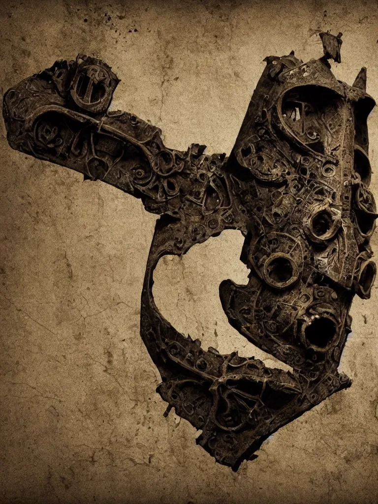 Image similar to extra wide view. an ominous dark ancient mask. barron. worn out photography. sepia. cracks. hyper - detailed. gothic steampunk. low poly medieval baroque. symmetric. epic. hyper - realistic. unreal render.