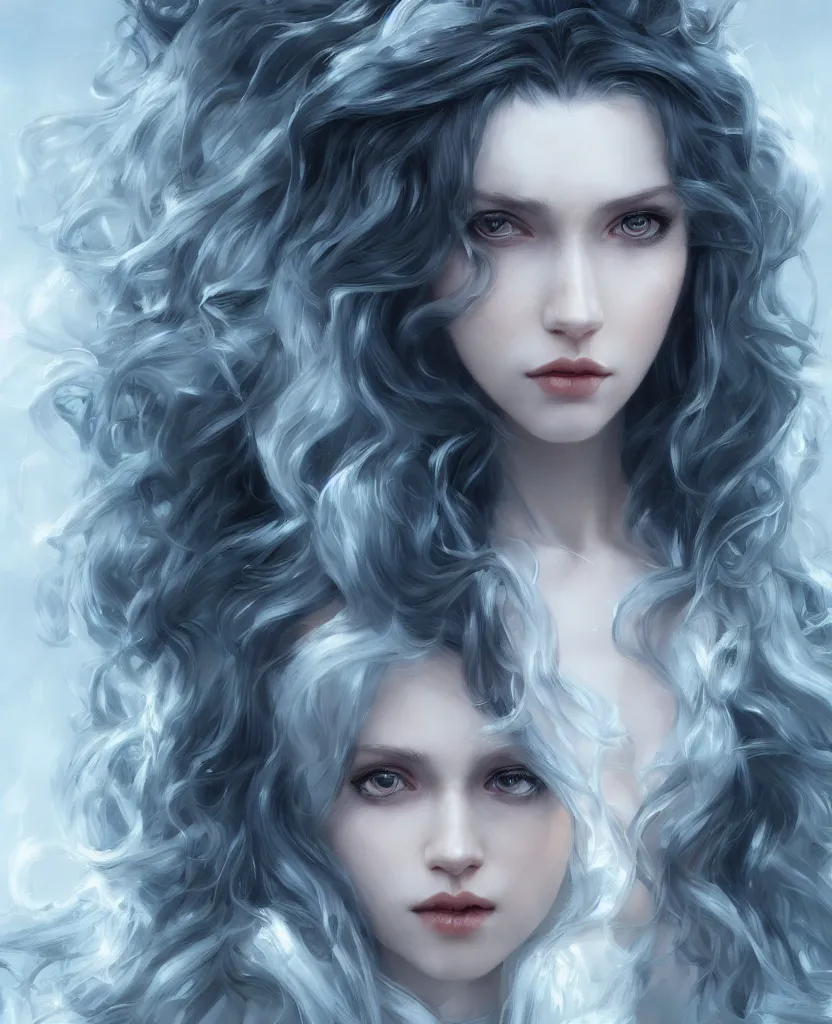 Prompt: ice queen with long dark curly hair, stoic, pale skin, dramatic, epic painting, painted by artgerm and wlop, cgsociety, beautiful, artbreeder, artstation, octane render, sharpness, 8 k, golden ratio