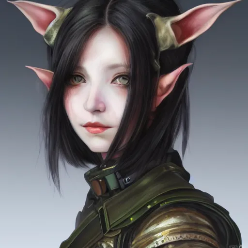 Image similar to portrait of an elf girl by ayami kojima, she is about 2 0 years old, mixture between british and japanese, black bob hair, and she is wearing a modern tactical gear, scifi, highly detailed portrait, digital painting, artstation, concept art, smooth, sharp foccus ilustration, artstation hq