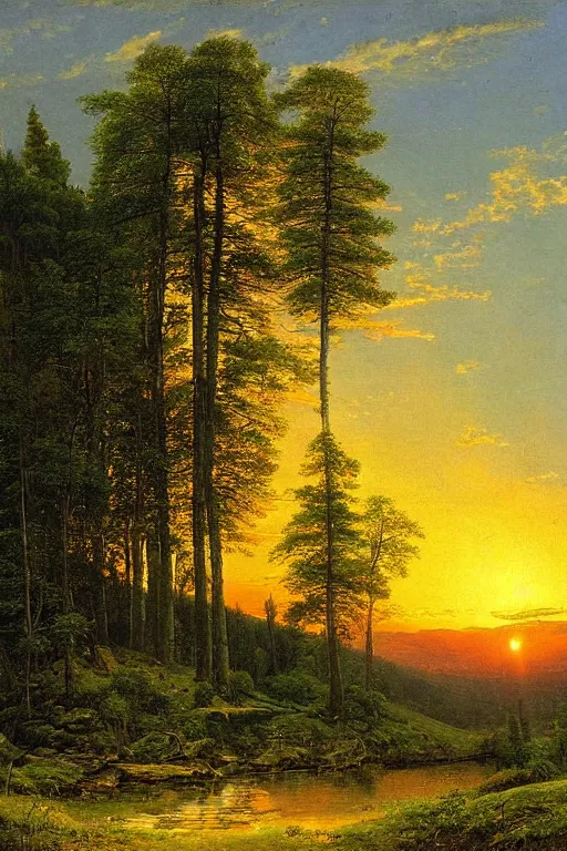 Image similar to the green mountains sunset painting by ivan shishkin