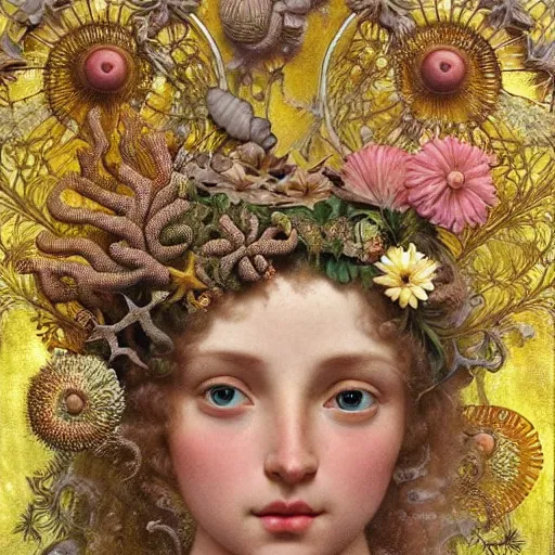 Prompt: hyperrealistic detailed portrait of a girl, with flowers, butterflies, corals, sea kelp, sea plants, starfish, jellyfish, bacteria, skeletons, golden filigree, art by ernst haeckel, john william godward, hammershøi, alphons mucha, pontormo, ornamental, decorative, art nouveau, lights by hopper, pastel colours,