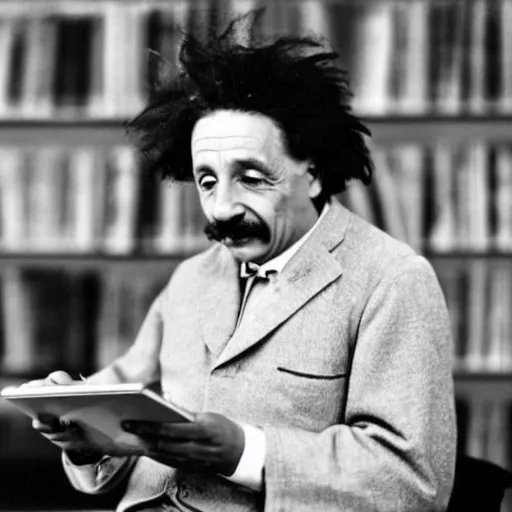Prompt: einstein using mac and ipad and reading research papers, 4 k