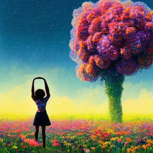 Image similar to afro made of flowers, full body, girl standing in a field with flowers, surreal photography, hills, big trees, sunrise dramatic light, impressionist painting, colorful clouds, digital painting, pointillism, artstation, simon stalenhag