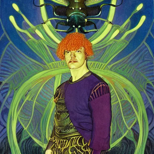 Image similar to bioluminescent prince, by annie swynnerton and leo and diane dillon and adolf wolfli and ( diego rivera ), elaborate costume, flowers, iridescent beetles, rich color, dramatic cinematic lighting, smooth, sharp focus, extremely detailed