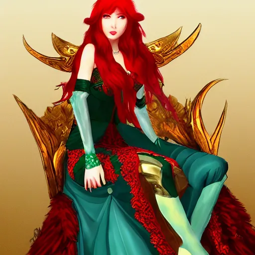 Image similar to Portrait of a red-haired beautiful elven queen in red, gold and green dress sitting on a throne. In style of Hyung-tae Kim, concept art, trending on ArtStation, Korean MMORPG.