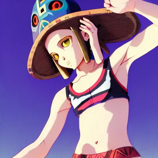 Image similar to beautiful boyish natalie portman gravure model in majora's mask, wearing wooden mask and baseball cap and leotard, street wear with subtle mayan patterns, aztec bathing suit, gapmoe yandere grimdark, trending on pixiv fanbox, painted by greg rutkowski makoto shinkai takashi takeuchi studio ghibli, akihiko yoshida