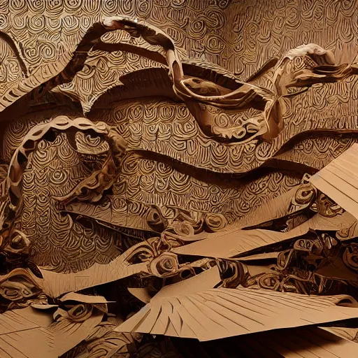 Image similar to many tentacles made of brown corrugated cardboard, cut out of cardboard, realistic photography, fantasy