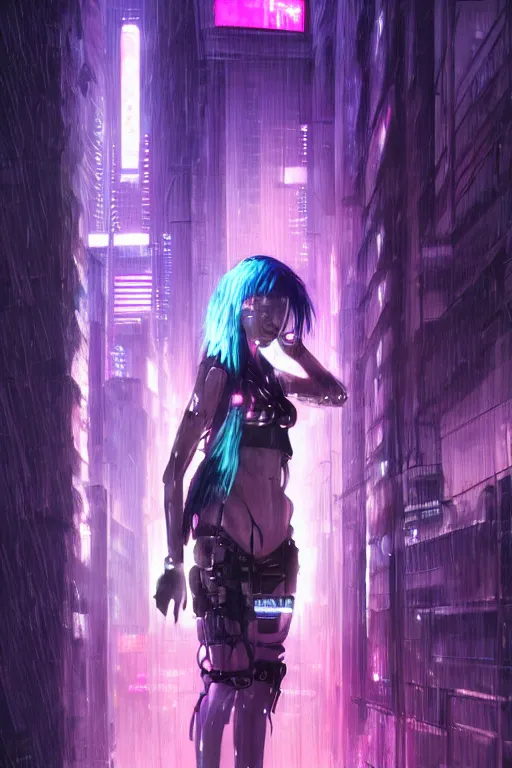 Image similar to portrait futuristic obnoxious cyberpunk young female Berserker, in futuristic heavily raindrop tokyo rooftop cyberpunk night, ssci-fi, fantasy, intricate, very very beautiful, elegant, neon light, highly detailed, digital painting, concept art, human anatomy, soft light, hdri, smooth, sharp focus, illustration, art by tian zi and craig mullins and WLOP and alphonse mucha