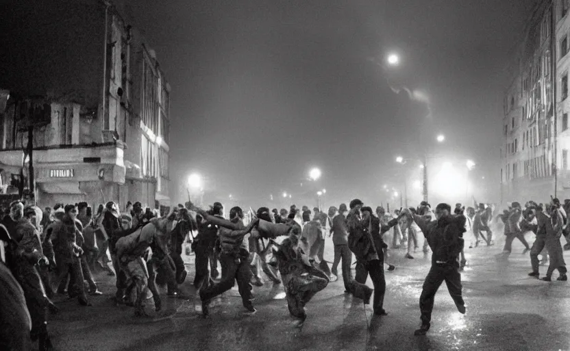 Prompt: 1990s movie still of a yougoslavian street with a large crowd fighting soviet soldiers, with stalinist style highrise, Cinestill 800t 35mm black and white, heavy grainy picture, very detailed, high quality, 4k panoramic, HD criterion, dramatic lightning, streetlight at night, foggy