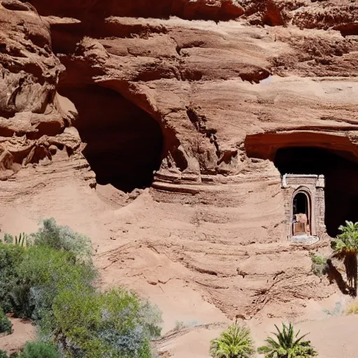 Image similar to a large, victorian mansion covered in sand in a canyon.