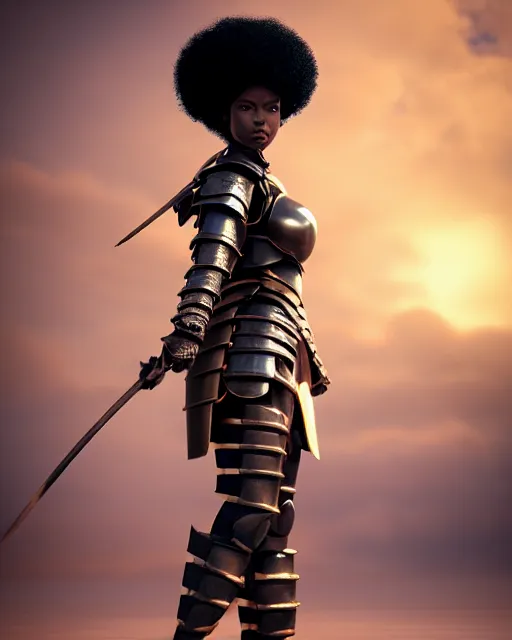 Prompt: fully armored samurai, unreal engine 5, afro, female, blender, atmosphere, artstation, brown skin, gorgeous, depth of field, landscape, lush, ultra realistic, cinematic, macro, artstation, megascan, elegant, epic, Quixel, weta digital, focus, octane render, v-ray, 8k, art by Sonia Delaunay