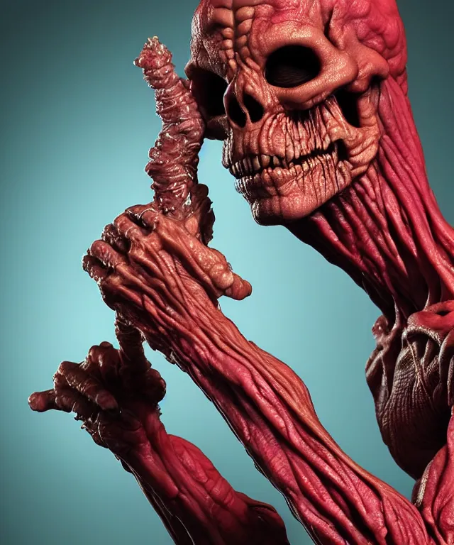 Image similar to hyperrealistic rendering, cronenberg flesh monster skeletor by art of skinner and richard corben and jeff easley, product photography, action figure, sofubi, studio lighting, colored gels