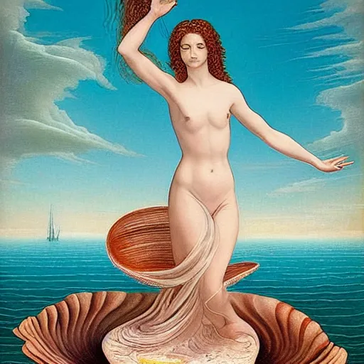 Image similar to The print depicts the moment when the goddess Venus is born from the sea. She is shown standing on a giant clam shell, with her long, flowing hair blowing in the wind. The print is full of light and color, and Venus looks like she is about to step into a beautiful, bright future. renaissance painting by Wayne Barlowe gloomy