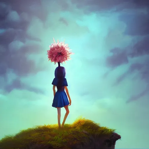 Image similar to closeup, giant flower head, girl standing on cliff, surreal photography, sunrise, blue sky, dramatic light, impressionist painting, digital painting, artstation, simon stalenhag