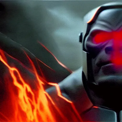 Image similar to darkseid in a dark suit with glowing eyes standing in front of a fire, a photocopy by zack snyder, cgsociety, antipodeans, # vfxfriday, reimagined by industrial light and magic, movie still